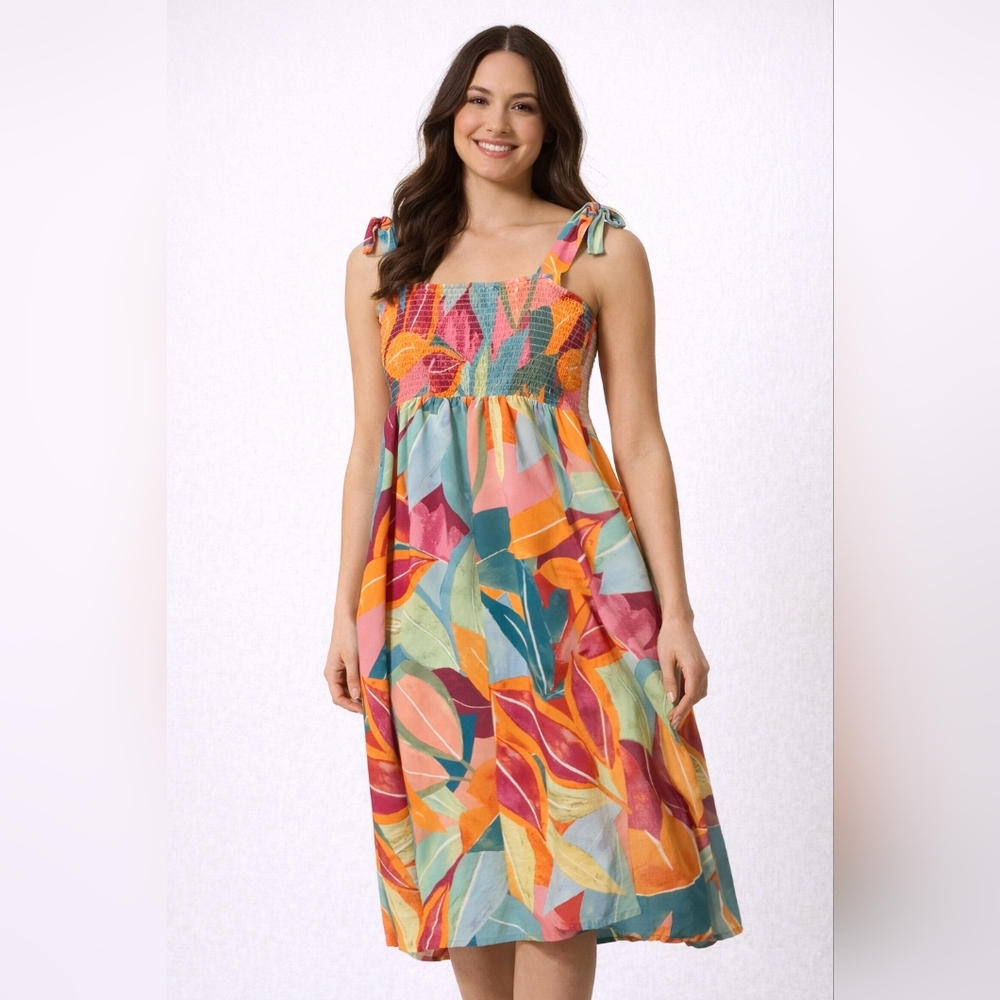 #18 Colorful Tropical Leaf Print Sleeveless Midi Dress XL